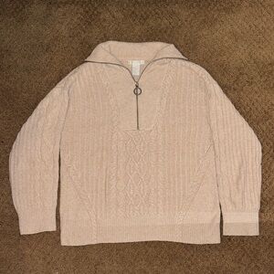 Beige Cable Knit Quarter Zip Sweater